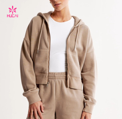HUCAI OEM Ribbed Hoodie Full-Zip Heavy Weight Fleece fabric Custom Activewear