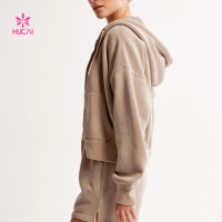 HUCAI OEM Ribbed Hoodie Full-Zip Heavy Weight Fleece fabric Custom Activewear