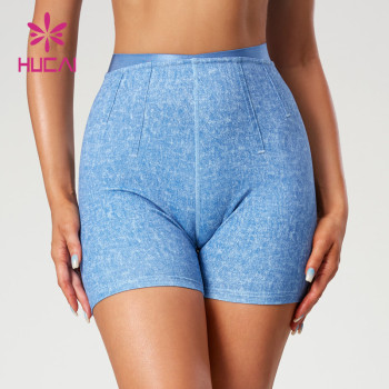 HUCAI Popular Imitation Denim Texture Printed Yoga Shorts Fishbone Dividing Lines Supplier