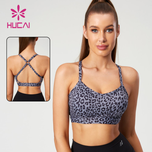 HUCAI Fashionable Leopard Print Yoga Bras Hollow Overlapping Drawstring Design Manufacturer