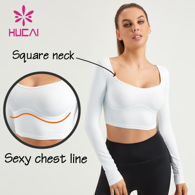 HUCAI Custom Women Long Sleeves Round Neck Gym T Shirts Sportswear Factory