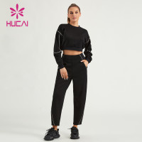 HUCAI ODM Crop Sweatshirts Contrasting Stripe Air Cotton Women Fitness Hoodies