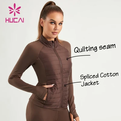 HUCAI ODM Women Slim Fit Jacket Mid-high Neck Spliced Cotton Yoga Fabrics Coats