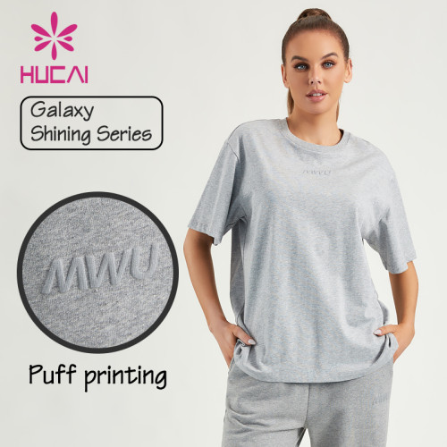 HUCAI ODM Gym Printing Shirts Women Shining 100% Cotton Short Sleeves Factory