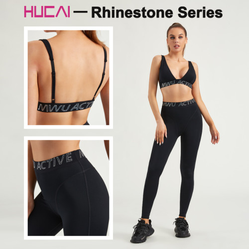 HUCAI Custom Women Triangle Bras Deep V Design Rhinestone Alphabet Gymwear