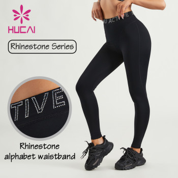 HUCAI ODM Women Sports Leggings Rhinestone Alphabet Waistband OEM Yoga Tights