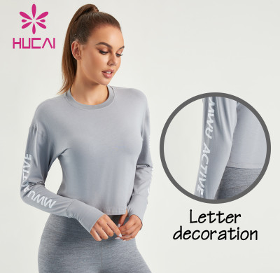 HUCAI ODM Gym Shirts 100% Cotton Women Letter Decoration Short Sleeves Factory