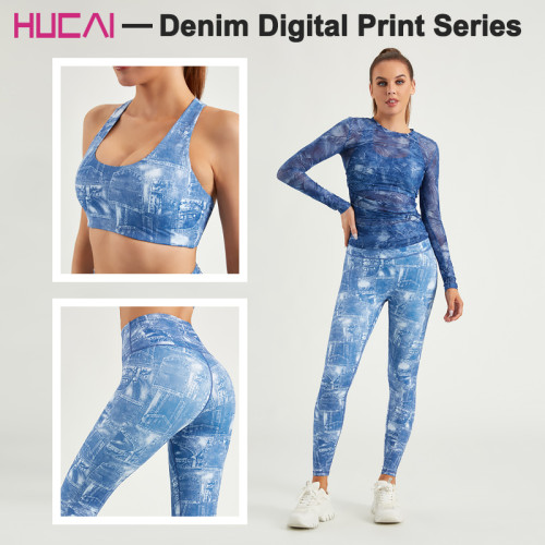HUCAI Custom Fitness Bras Women Sublimation Denim Texture Gymwear Private Label