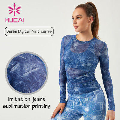HUCAI Custom Gym Shirts Denim Texture Digital Printing ODM Women Long Sleeves