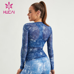 HUCAI Custom Gym Shirts Denim Texture Digital Printing ODM Women Long Sleeves