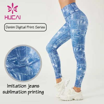 HUCAI ODM Printing Sports Leggings Denim Texture Sublimation Yoga Pants Factory