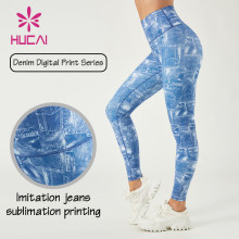 HUCAI ODM Printing Sports Leggings Denim Texture Sublimation Yoga Pants Factory