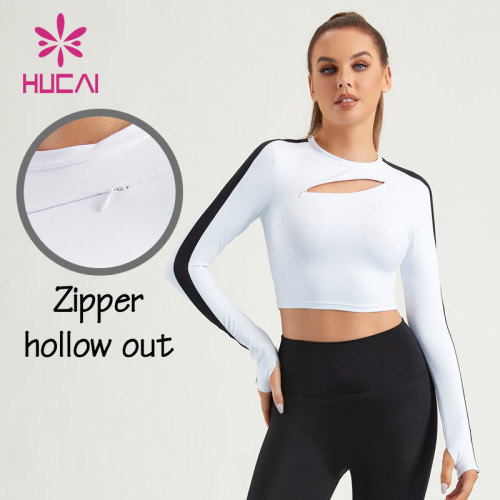 HUCAI ODM Gym Shirts Women Pull-over Front Diagonal Zipper Long Sleeves Factory