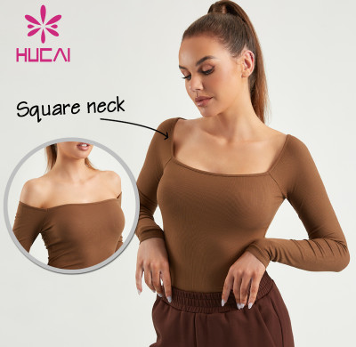 HUCAI ODM Gym Square Neck Shirts Women Slim-fit Long Sleeve Top Factory