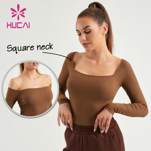 HUCAI ODM Gym Square Neck Shirts Women Slim-fit Long Sleeve Top Factory