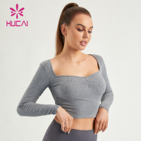 HUCAI ODM Fitness Shirts Women Square Neck Slim-fit Long Sleeve Top Factory