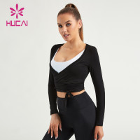 HUCAI ODM Shirts Fitness Square Neck Slim-fit Women Fake Two Pieces Top Factory