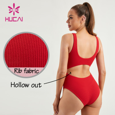 HUCAI OEM Rib Fabric Swimwear Hollow Out Women One-piece Swimsuit Manufacturer