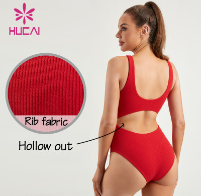 HUCAI OEM Rib Fabric Swimwear Hollow Out Women One-piece Swimsuit Manufacturer