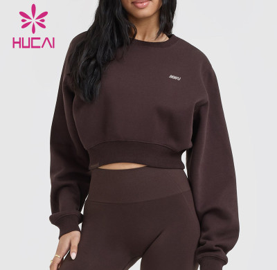 HUCAI OEM Sports Hoodie For Women Elastic Hem Crew Neck  Cropped Sweatshirt Sportswear Manufacturers