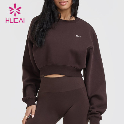 HUCAI OEM Sports Hoodie For Women Elastic Hem Crew Neck  Cropped Sweatshirt Sportswear Manufacturers