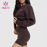 HUCAI OEM Sports Hoodie For Women Elastic Hem Crew Neck  Cropped Sweatshirt Sportswear Manufacturers