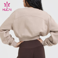 HUCAI OEM Sports Hoodie For Women Elastic Hem Crew Neck  Cropped Sweatshirt Sportswear Manufacturers