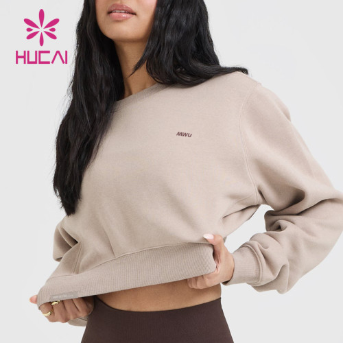 HUCAI OEM Sports Hoodie For Women Elastic Hem Crew Neck  Cropped Sweatshirt Sportswear Manufacturers