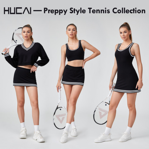 HUCAI OEM Classic College Style U-neck Black And White Spliced Tennis Bras Sportswear Manufacturer