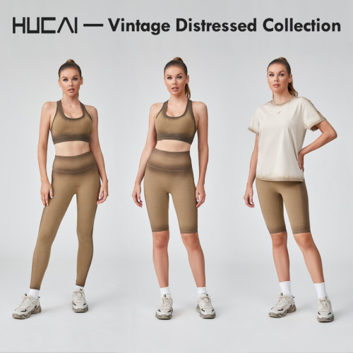 HUCAI OEM Sports Leggings Washed And Distressed Spray Dyeing Process Sportswear Manufacturer