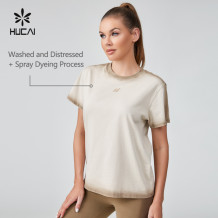 HUCAI OEM Oversize Sports T-shirt Washed And Distressed Spray Dyeing Process Sportswear Manufacturer