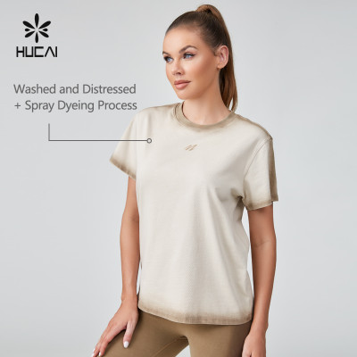 HUCAI OEM Oversize Sports T-shirt Washed And Distressed Spray Dyeing Process Sportswear Manufacturer