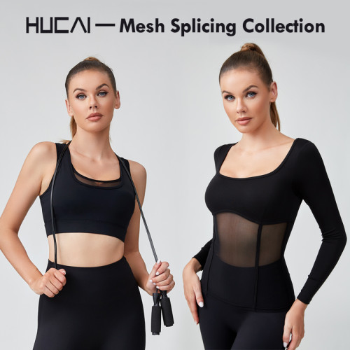 HUCAI OEM Splicing Mesh Waist Cinching Tight Fitting Sports Tops Sportswear Manufacturer