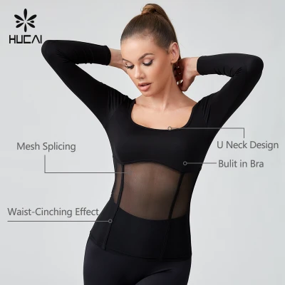 HUCAI OEM Splicing Mesh Waist Cinching Tight Fitting Sports Tops Sportswear Manufacturer