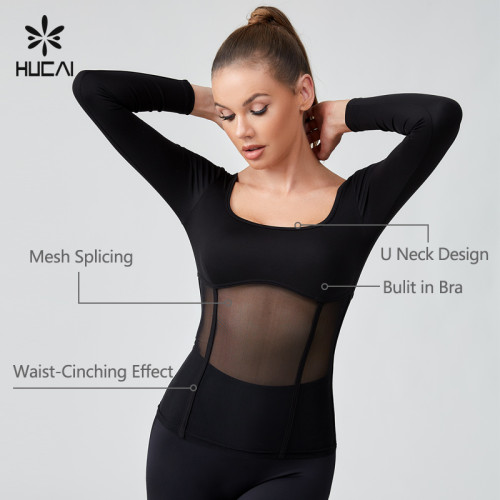 HUCAI OEM Splicing Mesh Waist Cinching Tight Fitting Sports Tops Sportswear Manufacturer