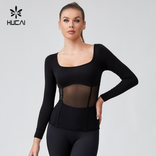 HUCAI OEM Splicing Mesh Waist Cinching Tight Fitting Sports Tops Sportswear Manufacturer