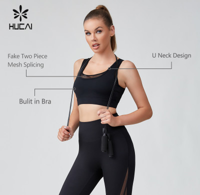 HUCAI OEM Fake Two Piece Mesh Splicing U Neck Design Yoga Bras Sportswear Manufacturer