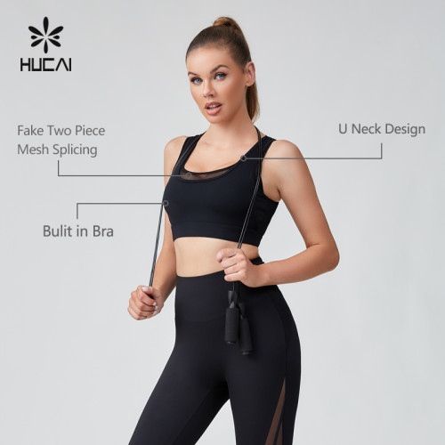 HUCAI OEM Fake Two Piece Mesh Splicing U Neck Design Yoga Bras Sportswear Manufacturer