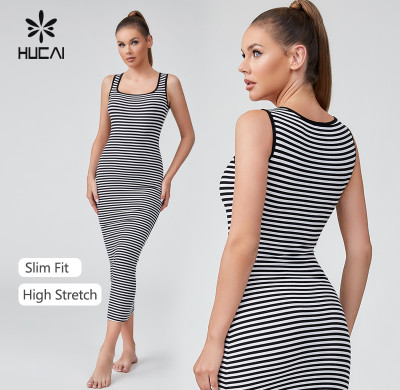 HUCAI OEM Generous Collar Slim Fit Elastic Ribbed Long Dress Casual Sportswear Manufacturer