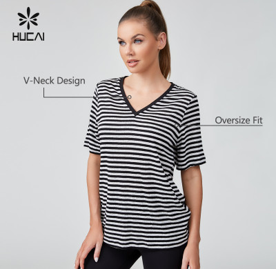 HUCAI OEM V-neck OVERSIZE Cotton Linen Blend Short Sleeved Tops Sportswear Manufacturer