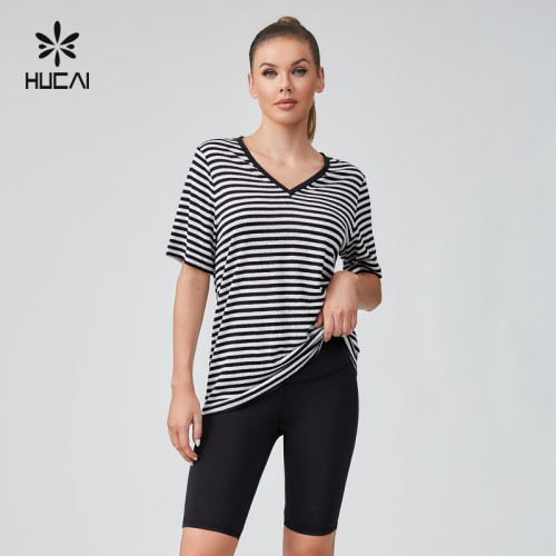 HUCAI OEM V-neck OVERSIZE Cotton Linen Blend Short Sleeved Tops Sportswear Manufacturer