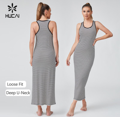 HUCAI OEM Cotton And Linen Blended Deep U-neck Loose Long Dress Sportswear Manufacturer