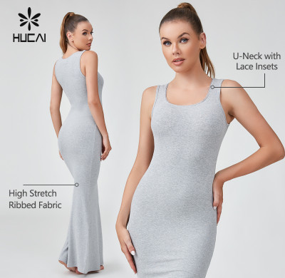 HUCAI OEM Splicing Lace Large U-shaped Neckline Knitted Vest Dress Sportswear Manufacturer