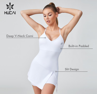 HUCAI Gym wear Manufacturer | Deep V-strap Tennis Dress With Chest Cushion Supports OEM, ODM