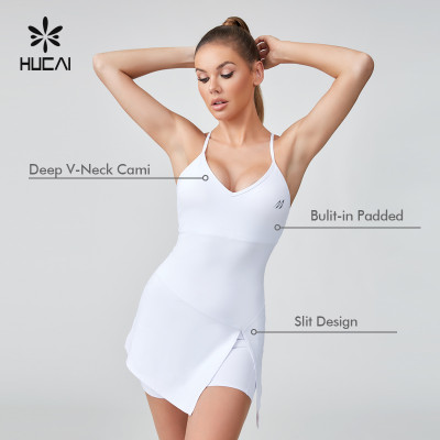 HUCAI Gym wear Manufacturer | Deep V-strap Tennis Dress With Chest Cushion Supports OEM, ODM