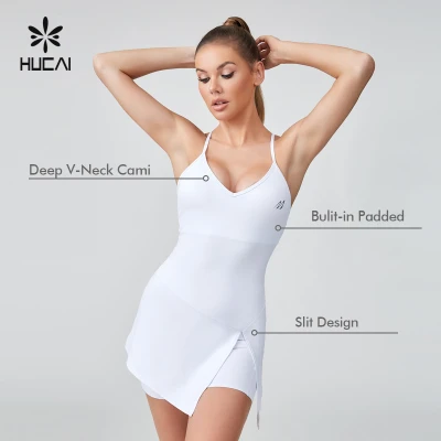 HUCAI Gym wear Manufacturer | Deep V-strap Tennis Dress With Chest Cushion Supports OEM, ODM