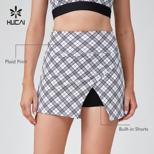 HUCAI Sportswear Supplier Support OEM Black And White Checkered Printed A-line Tennis Skirt