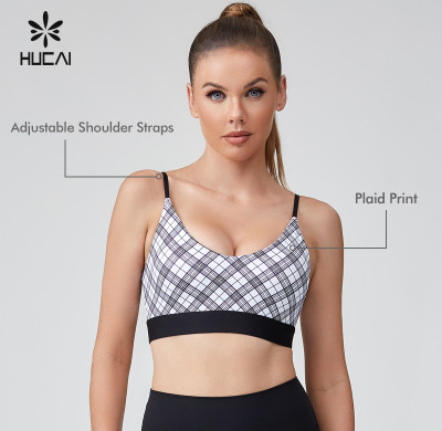 HUCAI Sportswear Supplier Support OEM Custom Logo Plaid Printed Camisole Yoga Bra