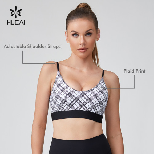 HUCAI Sportswear Supplier Support OEM Custom Logo Plaid Printed Camisole Yoga Bra