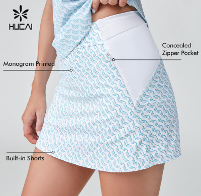 HUCAI Gym wear Manufacturer|Custom Logo Monogram Letter Print Splicing A-line Version Golf Skirt